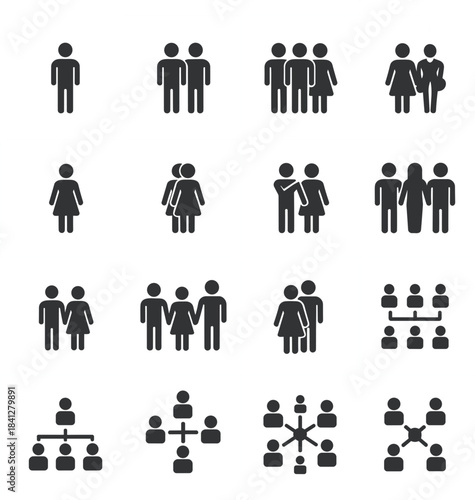 Collection of human group icons and organizational chart icons in dark gray people symbol