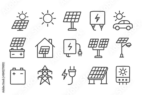 Solar energy icons: panels, batteries, house, car, power, grid, plug, sun.