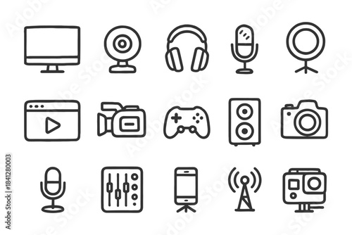 Digital media icons: technology symbols for video, audio, and broadcasting.