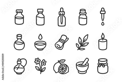 Essential oils and aromatherapy icons: bottles, herbs, candles, and mortar.