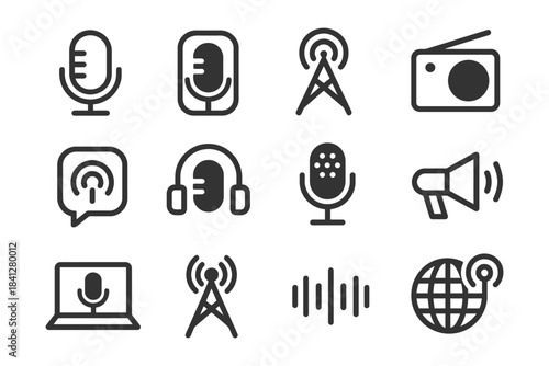 Podcast and broadcasting icons set featuring microphone headphones and radio symbols.