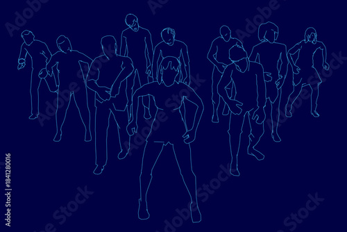 A zombie set contour line drawing depicts a group of figures walking in single file against a dark blue background.