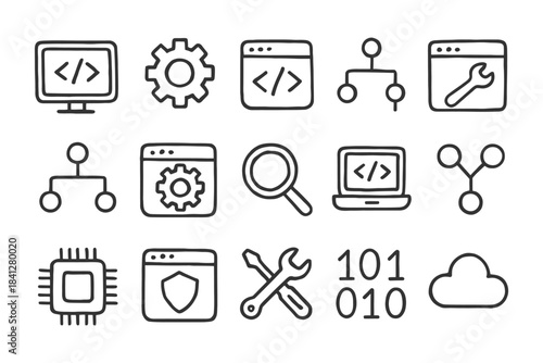Hand-drawn software and technology icons: code, tools, and cloud.