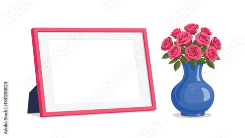 A pink picture frame next to a blue vase with pink roses on a white background for decoration or gifting