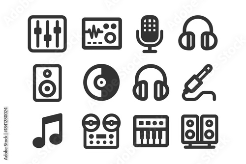 Music equipment icons: headphones, microphone, speakers, vinyl, equalizer, mixer.