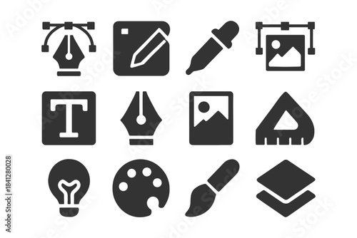 Design tools icons set: pen, image, text, ruler, lightbulb, palette, brush, layers.