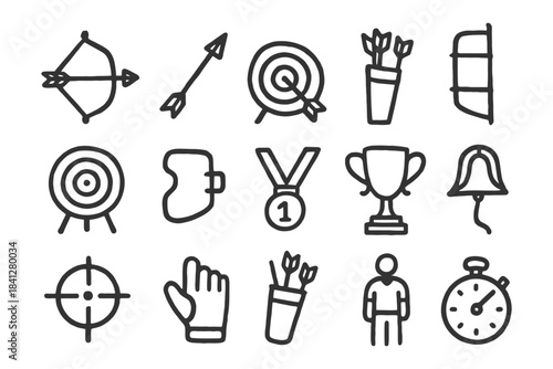 Archery icons set - arrows, targets, trophy, stopwatch, gear.