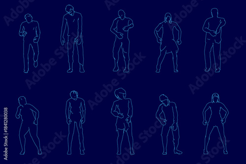 A set of zombie silhouette contours in various poses on a blue background visually represents human anatomy for medical or artistic concepts.