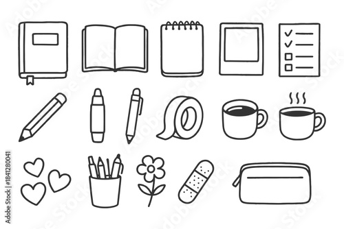 Collection of hand-drawn stationery and everyday objects.