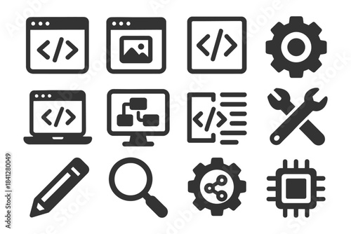 Web development icons set: code, design, tools, and tech symbols.