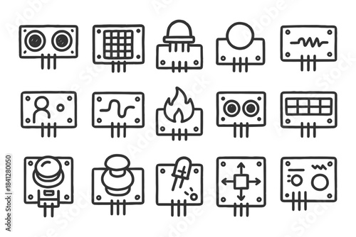 Collection of hand-drawn electronic component icons for diy projects.