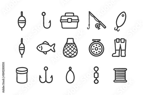 Fishing equipment icons: hooks, rods, fish, bait, tackle box, bobber, reel.