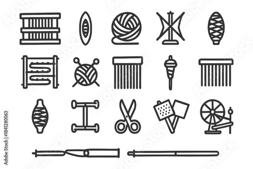 Set of knitting and weaving tools and supplies icons in line art style.