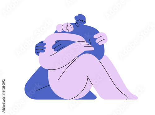 Abstract romantic couple in love. Man and woman sitting close together, embracing, cuddling, hugging. Intimate relationship concept. Flat vector illustration isolated on white background