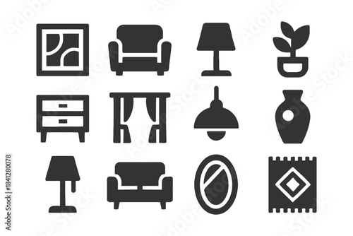 Set of home interior icons: furniture, decor, and accessories.
