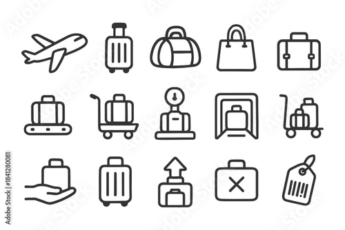 Travel icon set: plane, luggage, bags, conveyor belt, security check, tag.