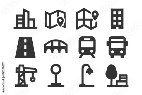 City infrastructure icons set: buildings, transportation, and utilities symbols.