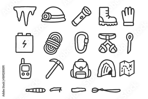 Essential mountaineering equipment icons including ice axe, helmet, rope, and boots.