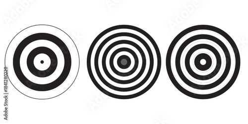 Black concentric circle set. Dotted and linear epicentre, target, radar icon concept. Ripple radial signal or vibration elements. Vector halftone symbols