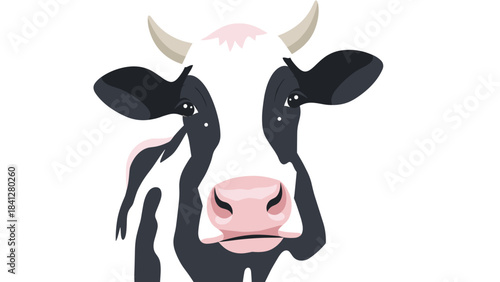 A cute cartoon cow with a pink nose and white and black fur isolated on white background looking straight ahead with a sweet expression