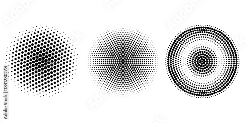 Black concentric circle set. Dotted and linear epicentre, target, radar icon concept. Ripple radial signal or vibration elements. Vector halftone symbols
