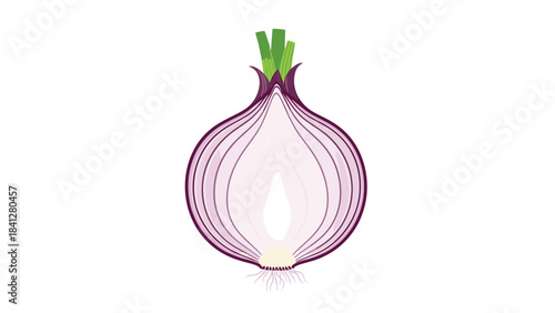 A vibrant purple onion cut in half revealing its inner layers and white center on a plain white background