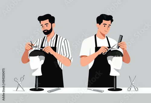 Two barbers cutting hair on mannequins