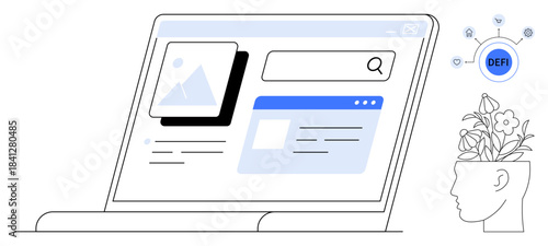 Laptop showcasing web elements thumbs up search and image results, paired with human head growing flowers and blockchain icons. Ideal for fintech, creativity, innovation, technology, brainstorming