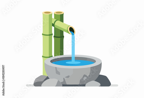 Bamboo fountain trickles water into a stone basin, surrounded by rocks