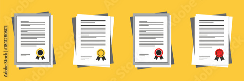 Set of four documents or certificates with different colored seals on yellow background, flat design illustration