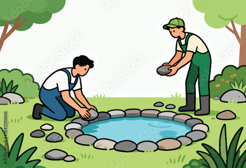 Two gardeners build a pond, placing stones around its edge in a yard