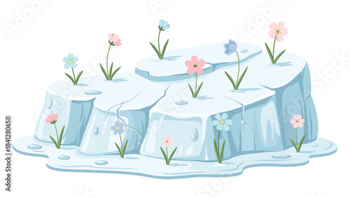 A cartoon illustration of a melting ice cube with colorful flowers growing out of it isolated on white background