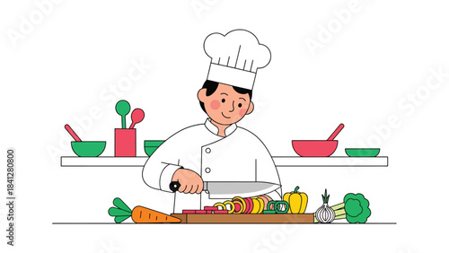 Chef chopping fresh vegetables in a professional kitchen. Modern flat vector culinary illustration with clean shapes and solid colors