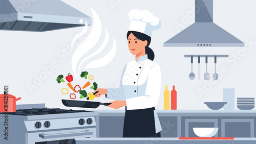 Chef sautéing vegetables in a frying pan with rising steam. Modern flat vector cooking illustration with bold solid colors