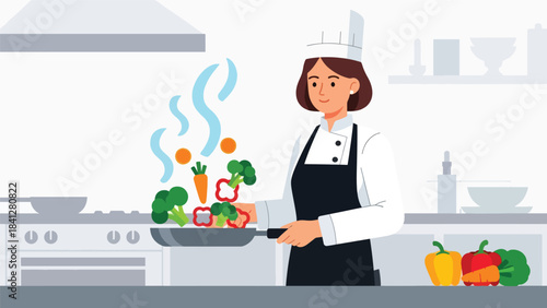 Chef sautéing vegetables in a frying pan with rising steam. Modern flat vector cooking illustration with bold solid colors