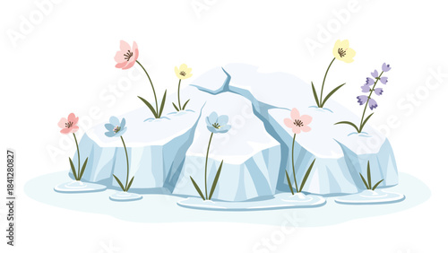 A serene illustration of colorful flowers growing out of icebergs on a white background with a sense of calmness and tranquility in nature