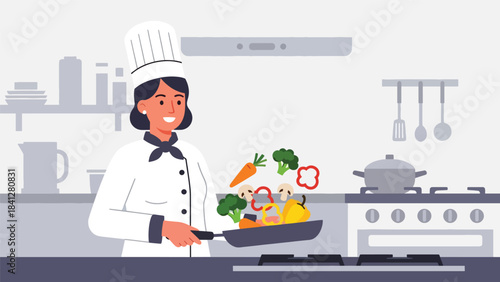 Chef sautéing vegetables in a frying pan with rising steam. Modern flat vector cooking illustration with bold solid colors