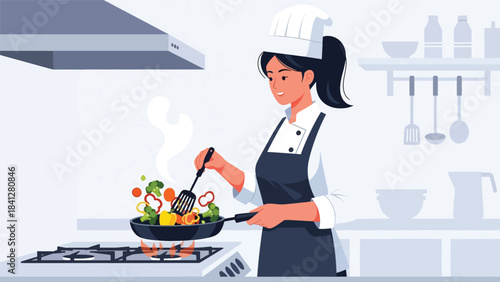Chef sautéing vegetables in a frying pan with rising steam. Modern flat vector cooking illustration with bold solid colors