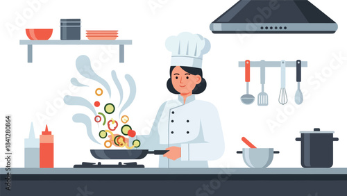 Chef sautéing vegetables in a frying pan with rising steam. Modern flat vector cooking illustration with bold solid colors