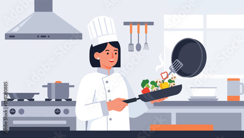 Chef sautéing vegetables in a frying pan with rising steam. Modern flat vector cooking illustration with bold solid colors
