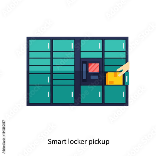 Automated parcel locker terminal with person picking up package indoors