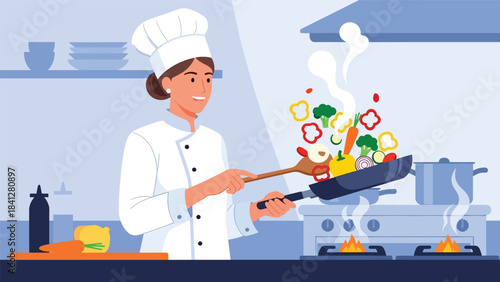 Chef sautéing vegetables in a frying pan with rising steam. Modern flat vector cooking illustration with bold solid colors