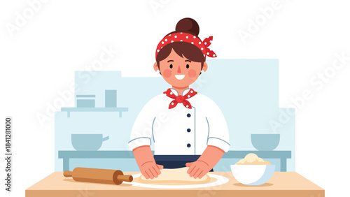 Chef preparing dough with rolling pin on countertop. Modern flat vector bakery illustration in clean solid color style
