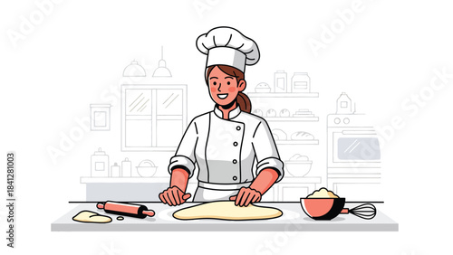 Chef preparing dough with rolling pin on countertop. Modern flat vector bakery illustration in clean solid color style