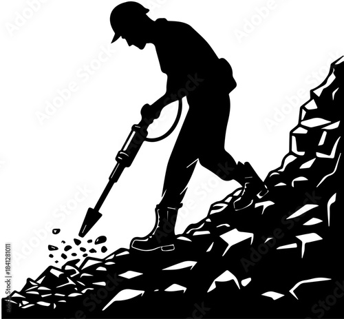 Worker with Jackhammer on Rocky Slope – Black Silhouette Vector