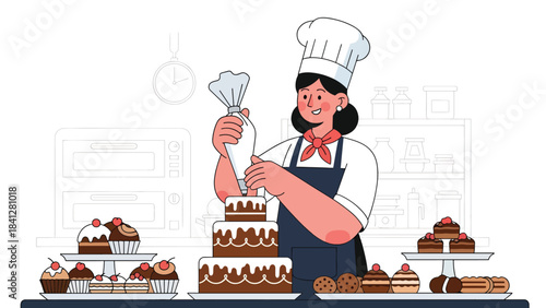 Pastry chef decorating a cake with piping bag. Modern flat vector dessert illustration with clean shapes and solid tones