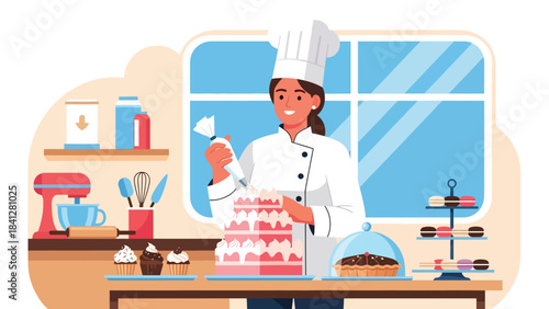 Pastry chef decorating a cake with piping bag. Modern flat vector dessert illustration with clean shapes and solid tones