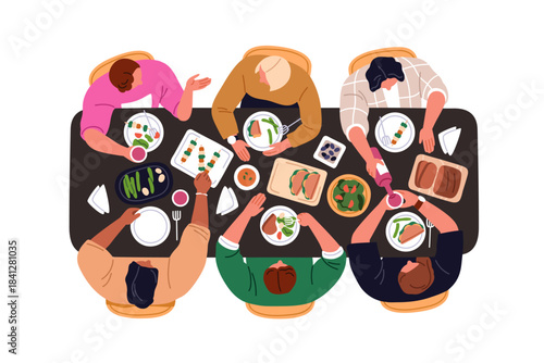 People group having meal, sitting at dining table with dishes together. Friends gathering meeting for eating and communication, overhead top view. Flat vector illustration isolated on white background