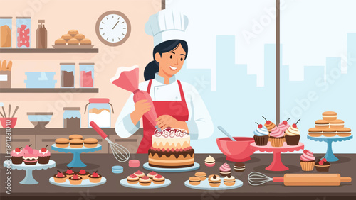 Pastry chef decorating a cake with piping bag. Modern flat vector dessert illustration with clean shapes and solid tones