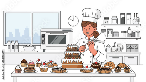 Pastry chef decorating a cake with piping bag. Modern flat vector dessert illustration with clean shapes and solid tones